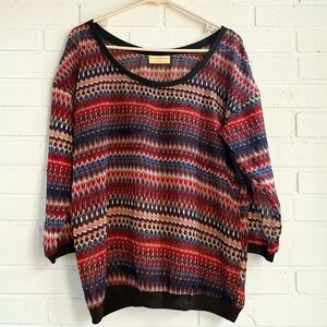 Bobbie Brooks Boho Aztec Tribal Print Blouse Top Black Trim Size L